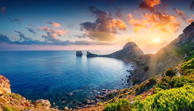 majestic sunrise on milazzo cape wonderful summer view of sicily italy europe incredible seascape of mediterranean sea beauty of nature concept background