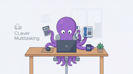 Minimalist Flat Vector Illustration of Octopus Multitasking with Office Supplies on a Desk