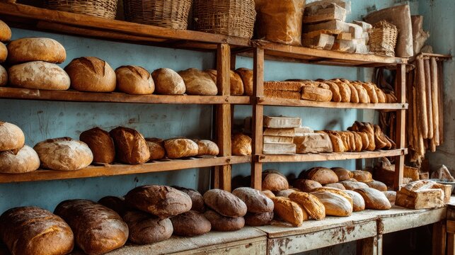 Rustic artisan bakery shelves filled with assorted fresh baked bread loaves