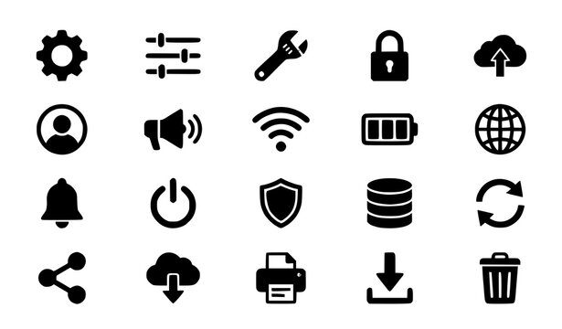 Modern UI Black Icons Set Gear Cloud User Wifi Battery Vector Collection