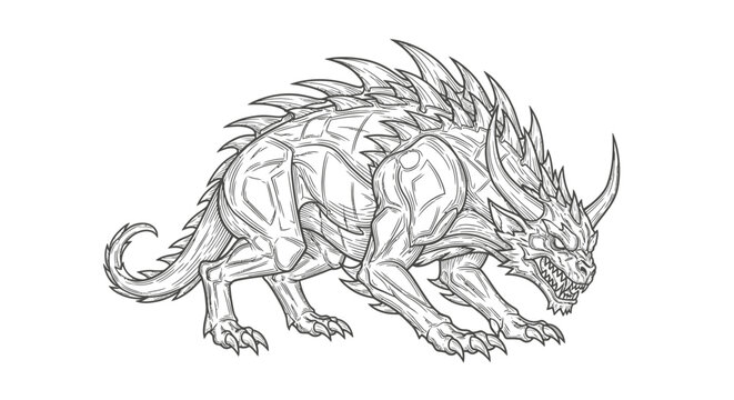 Powerful fantasy monster illustration, mythical beast with sharp spikes and horns, fierce reptilian creature line art drawing.