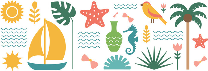 Summer vacation with sailboat, palm tree, seahorse, and sun © Razvi