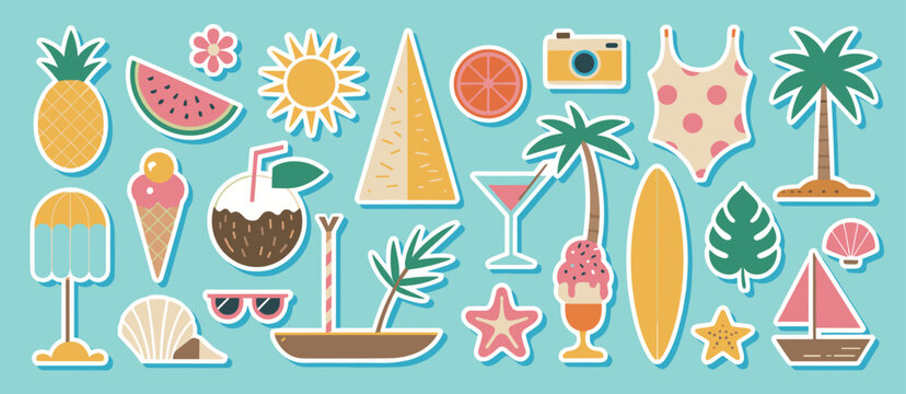 Summer vacation sticker set with tropical fruits, and beach