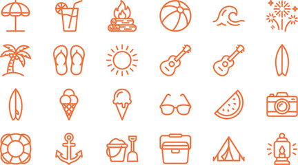 Summer vacation icon set featuring various beach travel and holiday leisure activities in orange line art © Septarim