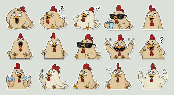 Funny Chicken Emotes Stickers Set: Expressive Cartoon Birds with Various Emotions