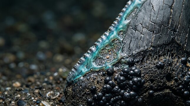 Close-up Shark Tooth Fossil on Rock with Black Bubbles Ocean
