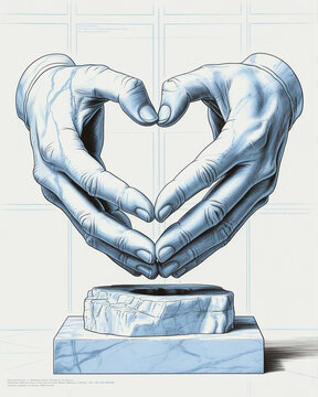 Surreal Heart Hands Blueprint Art