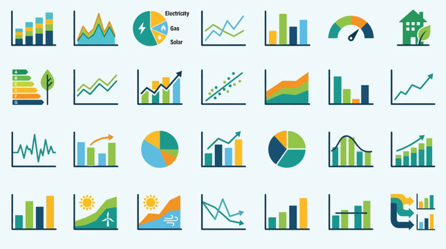 Vector Icons Collection of colorful flat data visualization chart and graph icons. EPS Editable