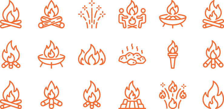 Fire icons set featuring various campfires flames torches and burning logs for modern web design projects