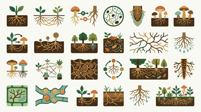 Vector Icons Mycorrhizal Fungi Network and Plant Root Symbiosis Infographic Icons. EPS Editable