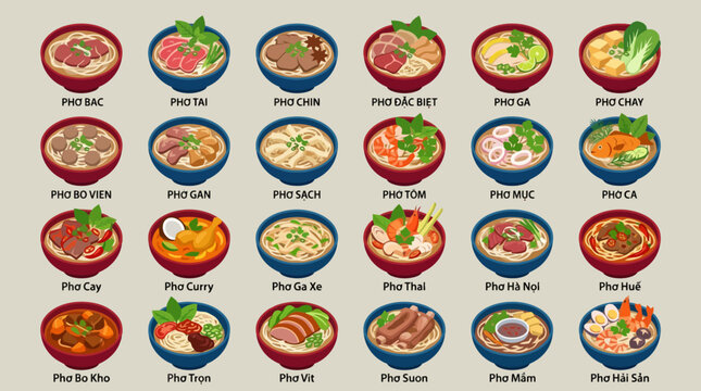 Vector Icons Set of 24 colorful isometric icons of various Vietnamese pho noodle soup dishes. EPS Editable