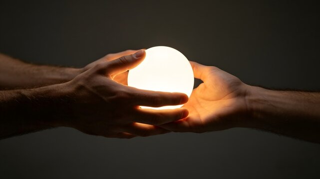 Symmetrical hands holding glowing light ball together for teamwork unity corporate alliance and business connection concept protecting creative innovation and successful common goals in dark