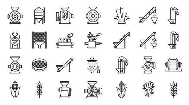 Vector Icons Set of agriculture and grain processing equipment thin line icons. EPS Editable