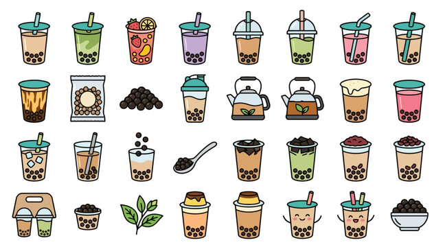 Vector Icons Set of colorful bubble tea drink icons and boba tea ingredients. EPS Editable