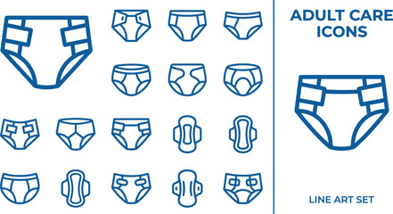 Adult care icons for incontinence products including adult diapers and sanitary pads line art. © RaziaAkter