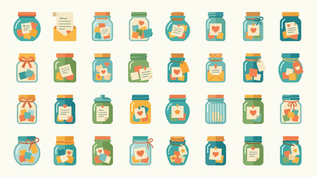 Vector Icons Set of decorative glass jars with handwritten notes and hearts. EPS Editable
