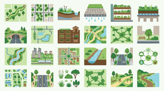 Vector Icons Set of green infrastructure and urban planning design elements. EPS Editable