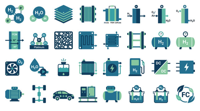 Vector Icons Set of Hydrogen Fuel Cell Technology and Energy Icons. EPS Editable