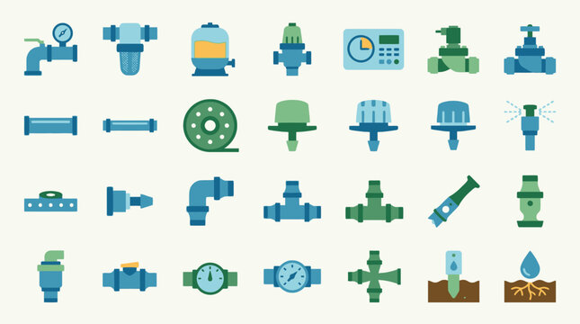 Vector Icons Set of irrigation and plumbing system icons for agriculture and home maintenance. EPS Editable
