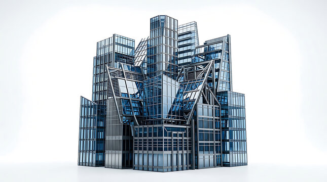 Dramatic cluster of modern glass and steel skyscrapers with reflective surfaces and dynamic architectural design in urban environment