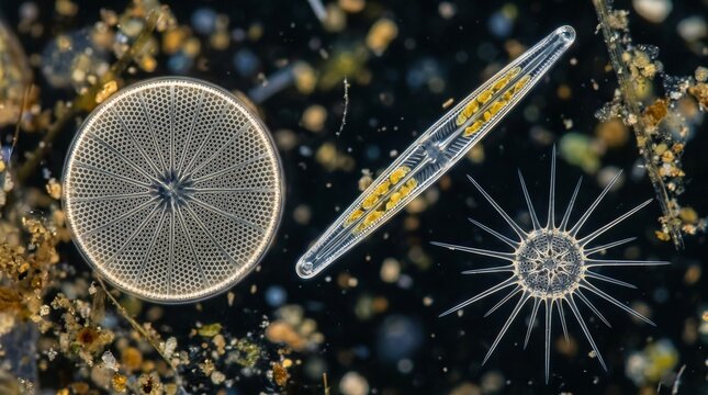 Microscopic plankton organisms in water, diatoms and spiny cells