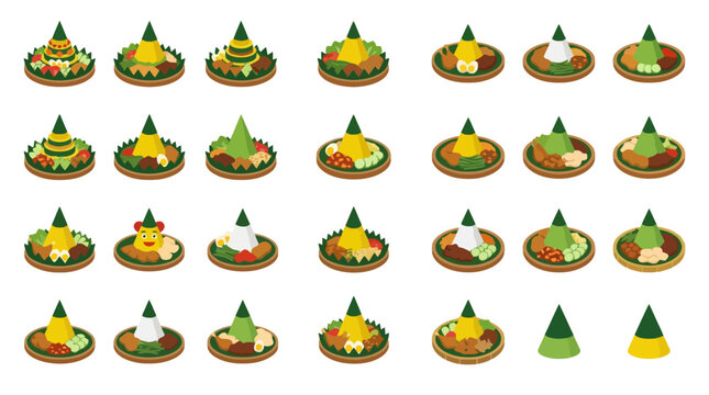 Vector Icons Set of Tumpeng Traditional Indonesian Cone Shaped Rice Dishes. EPS Editable