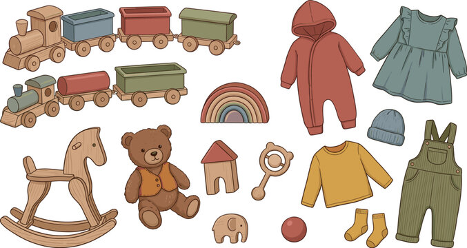 Collection of wooden toys and baby clothes 