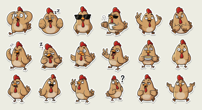 Funny Cartoon Chicken Emotes and Expressions Set