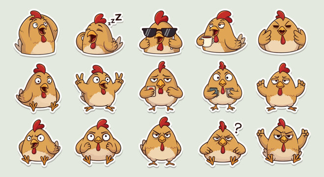 Funny Chicken Emotes Set: Happy, Sad, Sleepy, Cool, Coffee, Angry, Surprised, Confused