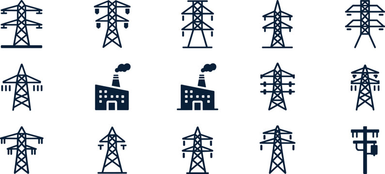 Electricity Pylons and Factory Icons Set power transmission tower