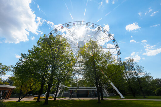 Large Ferris wheel surrounded by green trees under a bright blue sky with scattered clouds, sunlight shining through the structure in a public park setting