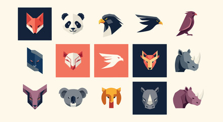 Fototapeta premium Set of Animal Icons: Foxes, Pandas, Eagles, Rhinos, and More - Flat Design