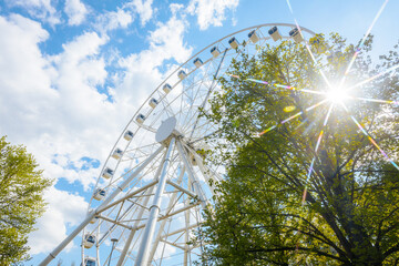 Large white ferris wheel towering above green trees under a bright blue sky with fluffy clouds and sunlight creating a starburst effect in the background © Emvats