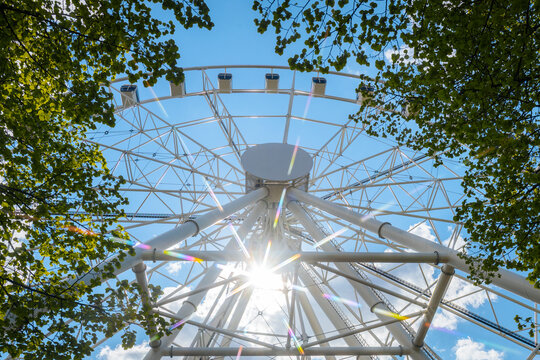 Large Ferris wheel viewed from below, surrounded by green leaves and bright blue sky with sunlight shining through the structure, creating lens flare effects