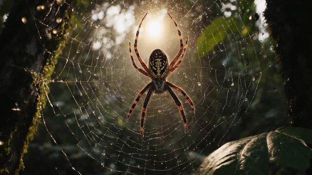 Spider Web in Amazon Rainforest at Sunset &ndash; Ultra Realistic Macro Nature Scene