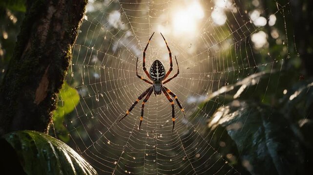 Spider Web in Amazon Rainforest at Sunset &ndash; Ultra Realistic Macro Nature Scene
