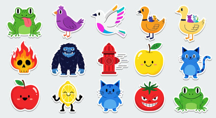 Obraz premium Cute Cartoon Animals, Fruits, Objects - Sticker Pack Vector Illustration