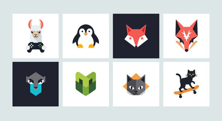Fototapeta premium Cute Pixel Art Animal Icons Set: Llama, Penguin, Fox, Wolf, Cat