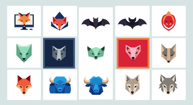 Collection of Geometric Animal Icons: Foxes, Bats, Wolves, and Bulls