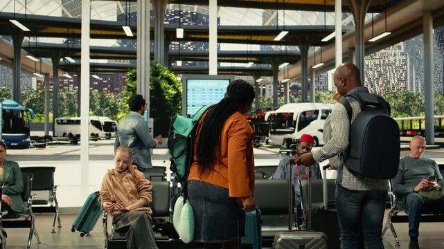 Scandal and conflict in bus station with two women fighting over seats, travel fatigue and rude behavior with passengers waiting on their intercity long-haul journey for relocation. Drama.