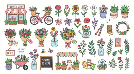 Fototapeta premium Cute hand drawn flower shop elements collection