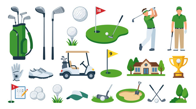 Set of golf equipment and accessories, vector illustration