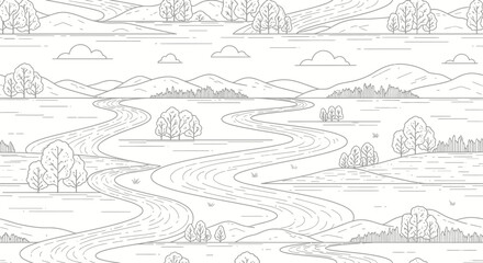 Obraz premium Winding River Landscape Line Art Illustration with Rolling Hills, Trees, and Clouds. Seamless Nature Outline Drawing Pattern.