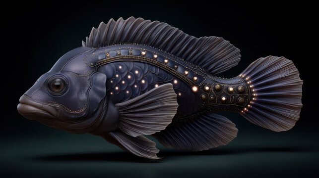Bioluminescent deep sea fish with glowing lights and metallic scales, a dark underwater fantasy portrait of a marine animal