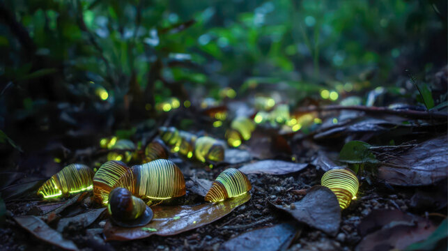 Macro shot shows glowing mollusks crawling on the forest floor at night