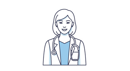 Fototapeta premium Line drawing of a female doctor with a stethoscope around her neck and a friendly expression on a white background.