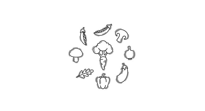 Vegetables and fruits line drawing icons.