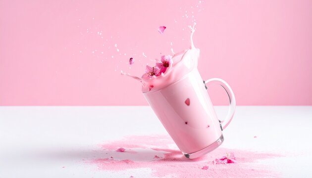 鮮やかなピンクの桜ドリンクが泡立つスプラッシュ。モダンなツートン背景