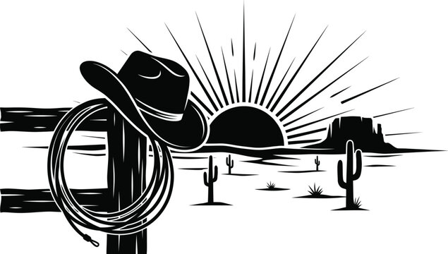 Western cowboy with hat and lasso under dramatic sun rays
