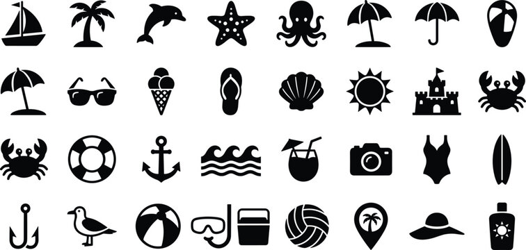 Summer beach travel icons set featuring various marine life and seaside recreation silhouettes
